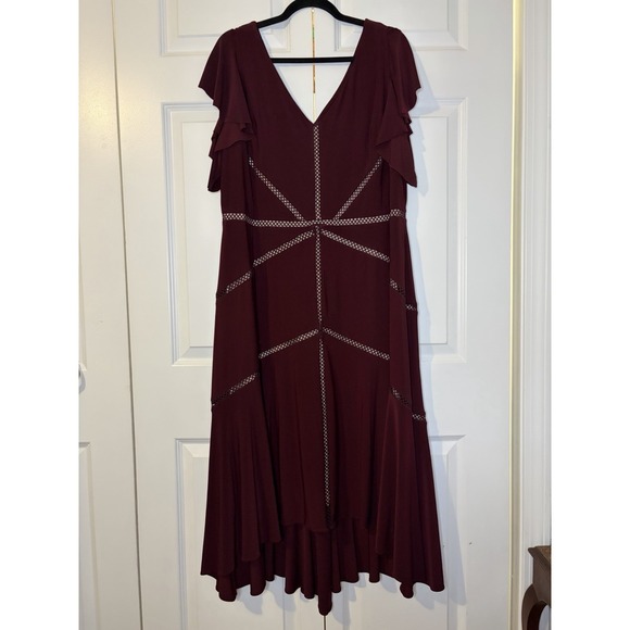 Taylor Dresses & Skirts - Taylor Burgundy Ruffle Cap Sleeve High-Low Midi Geometric Dress Women's Size 16W